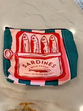 Sardines Printed Canvas Pouch - Teal & Coral